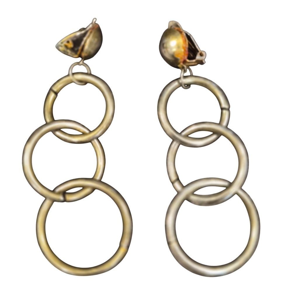 Vintage Graduated Triple Hoop Drop Clip On Earrings Gold Silver Statement Dangle